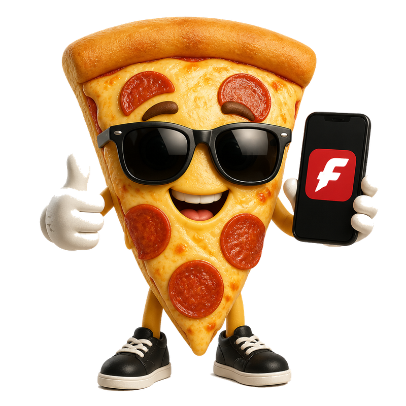 Feasto pizza mascot holding the restaurant app